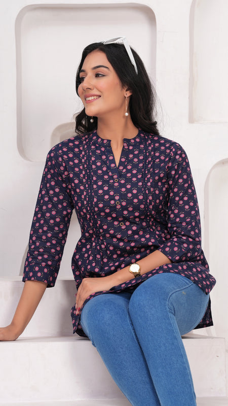 Navy Blue Pure Cotton Casual A-Line 3/4Th Sleeves Top For Women