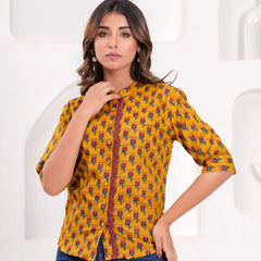 Mustard Pure Cotton Casual Straight Fit 3/4Th Sleeves Top For Women