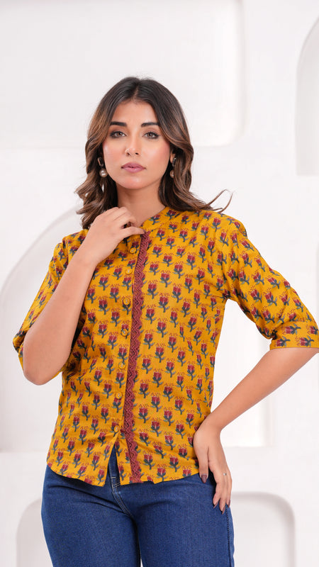 Mustard Pure Cotton Casual Straight Fit 3/4Th Sleeves Top For Women