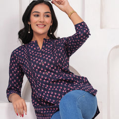 Navy Blue Pure Cotton Casual A-Line 3/4Th Sleeves Top For Women