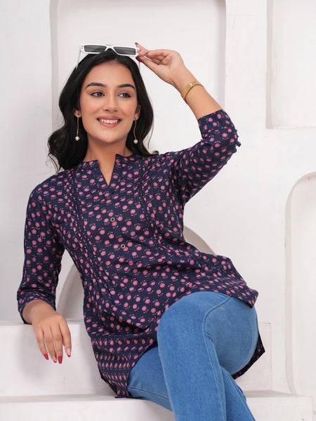 Navy Blue Pure Cotton Casual A-Line 3/4Th Sleeves Top For Women