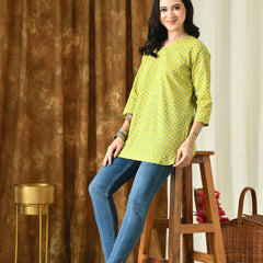 Lemon Green Pure Cotton Casual 3/4th Sleeves Top for women