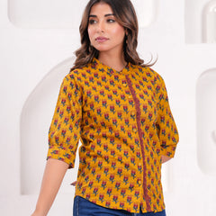 Mustard Pure Cotton Casual Straight Fit 3/4Th Sleeves Top For Women
