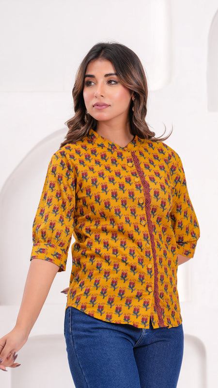 Mustard Pure Cotton Casual Straight Fit 3/4Th Sleeves Top For Women