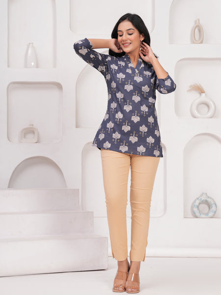 Grey Pure Cotton Casual Straight Fit 3/4Th Sleeves Top For Women