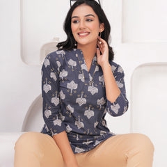 Grey Pure Cotton Casual Straight Fit 3/4Th Sleeves Top For Women