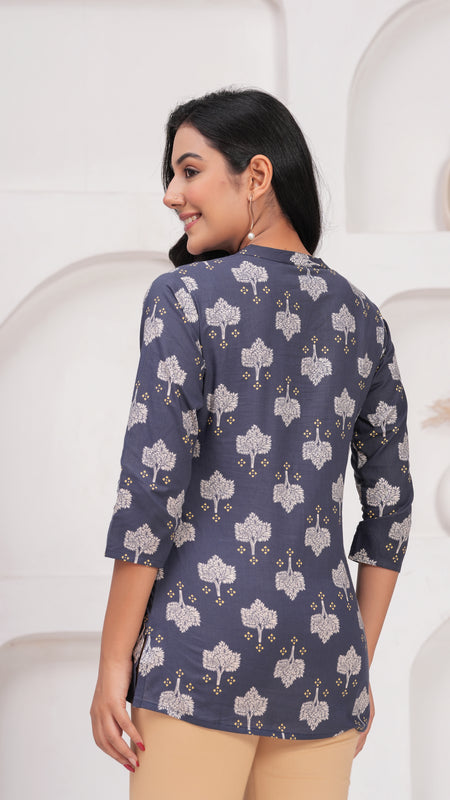 Grey Pure Cotton Casual Straight Fit 3/4Th Sleeves Top For Women