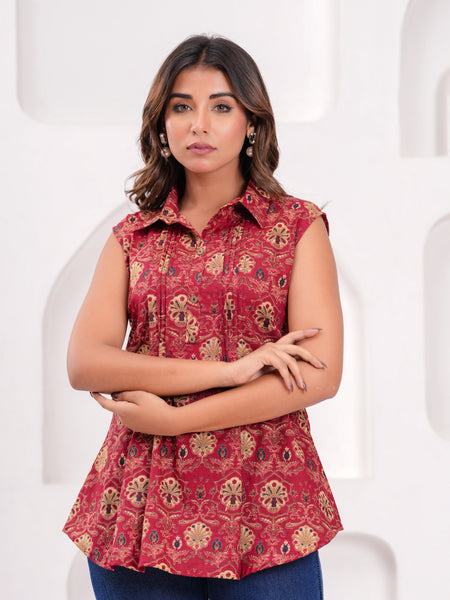 Maroon Pure Cotton Casual A-Line Sleeveless Top With Pair of Half Sleeves Attached