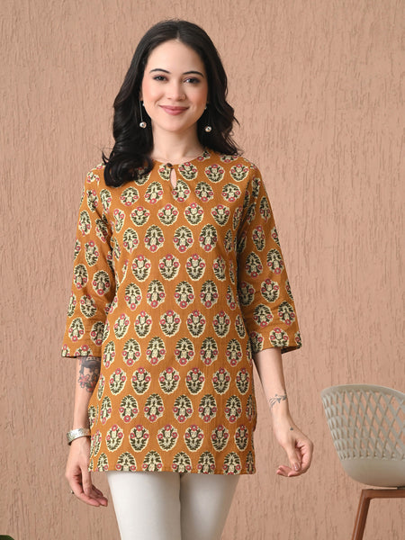 Mustard Block Pure Cotton Casual 3/4th Sleeves Top for women