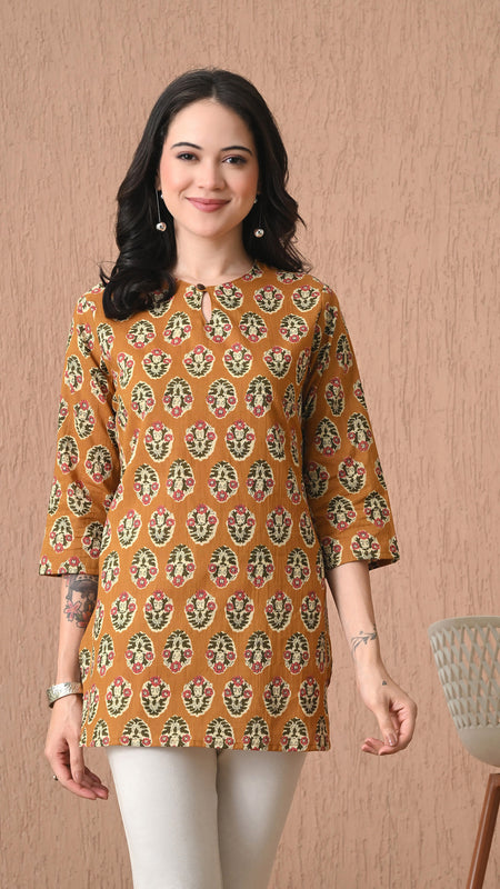 Mustard Block Pure Cotton Casual 3/4th Sleeves Top for women