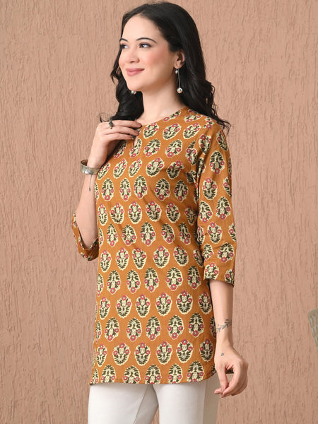 Mustard Block Pure Cotton Casual 3/4th Sleeves Top for women