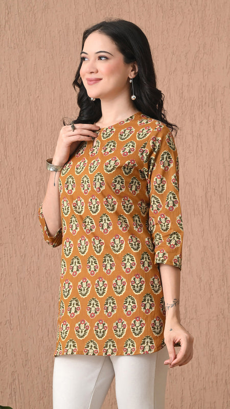 Mustard Block Pure Cotton Casual 3/4th Sleeves Top for women