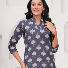 Grey Pure Cotton Casual Straight Fit 3/4Th Sleeves Top For Women
