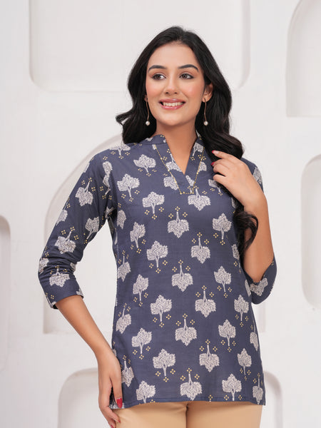Grey Pure Cotton Casual Straight Fit 3/4Th Sleeves Top For Women