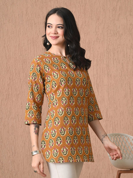 Mustard Block Pure Cotton Casual 3/4th Sleeves Top for women
