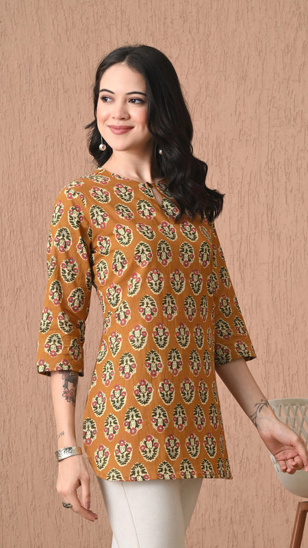 Mustard Block Pure Cotton Casual 3/4th Sleeves Top for women