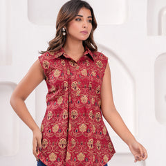 Maroon Pure Cotton Casual A-Line Sleeveless Top With Pair of Half Sleeves Attached