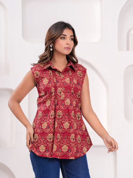 Maroon Pure Cotton Casual A-Line Sleeveless Top With Pair of Half Sleeves Attached