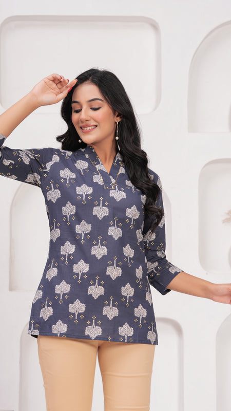 Grey Pure Cotton Casual Straight Fit 3/4Th Sleeves Top For Women