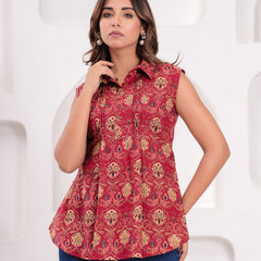 Maroon Pure Cotton Casual A-Line Sleeveless Top With Pair of Half Sleeves Attached