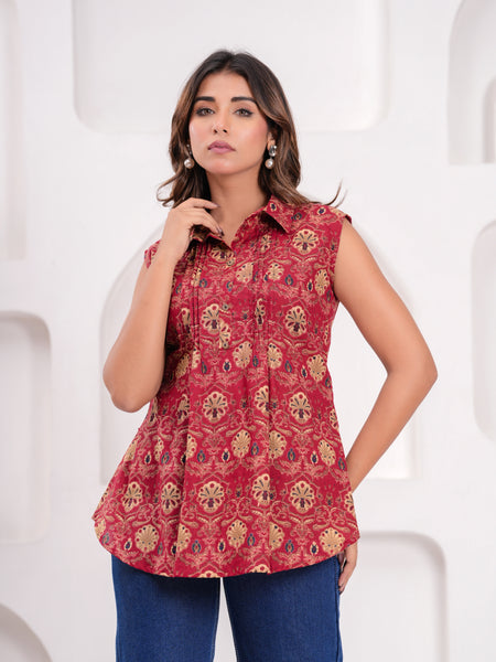 Maroon Pure Cotton Casual A-Line Sleeveless Top With Pair of Half Sleeves Attached