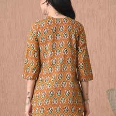 Mustard Block Pure Cotton Casual 3/4th Sleeves Top for women