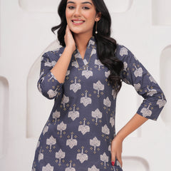 Grey Pure Cotton Casual Straight Fit 3/4Th Sleeves Top For Women