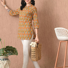 Mustard Block Pure Cotton Casual 3/4th Sleeves Top for women