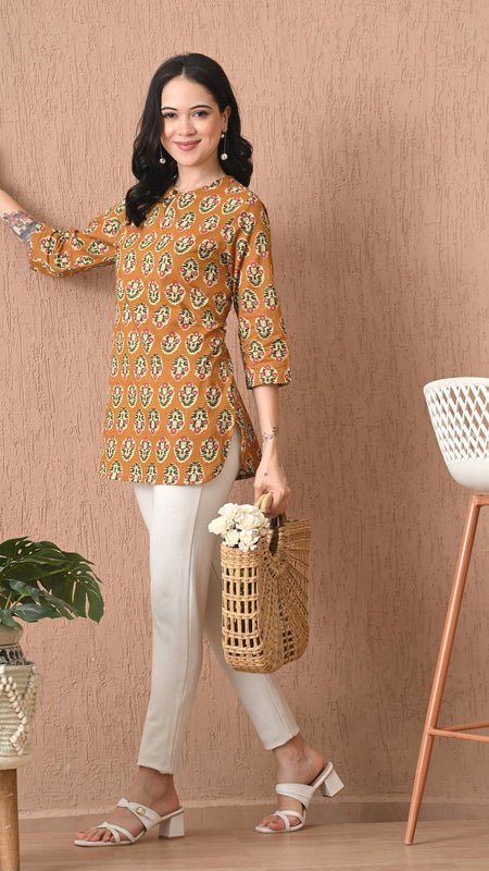 Mustard Block Pure Cotton Casual 3/4th Sleeves Top for women