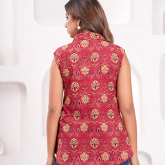 Maroon Pure Cotton Casual A-Line Sleeveless Top With Pair of Half Sleeves Attached