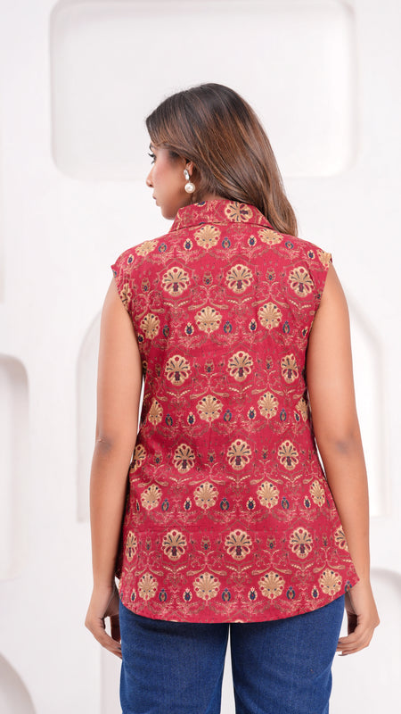 Maroon Pure Cotton Casual A-Line Sleeveless Top With Pair of Half Sleeves Attached