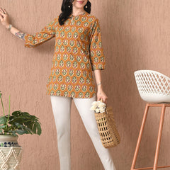 Mustard Block Pure Cotton Casual 3/4th Sleeves Top for women