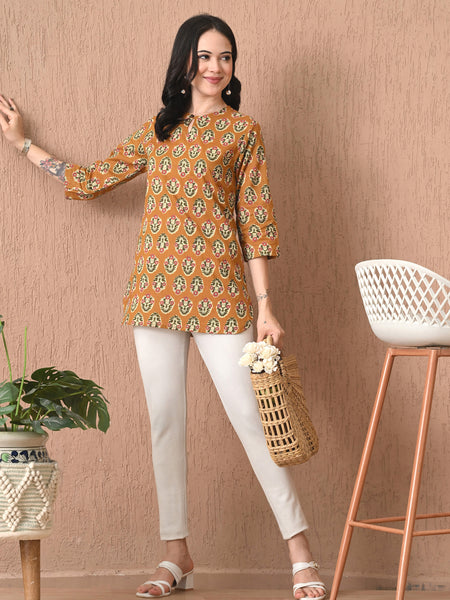 Mustard Block Pure Cotton Casual 3/4th Sleeves Top for women