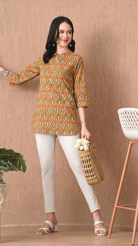 Mustard Block Pure Cotton Casual 3/4th Sleeves Top for women