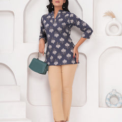 Grey Pure Cotton Casual Straight Fit 3/4Th Sleeves Top For Women