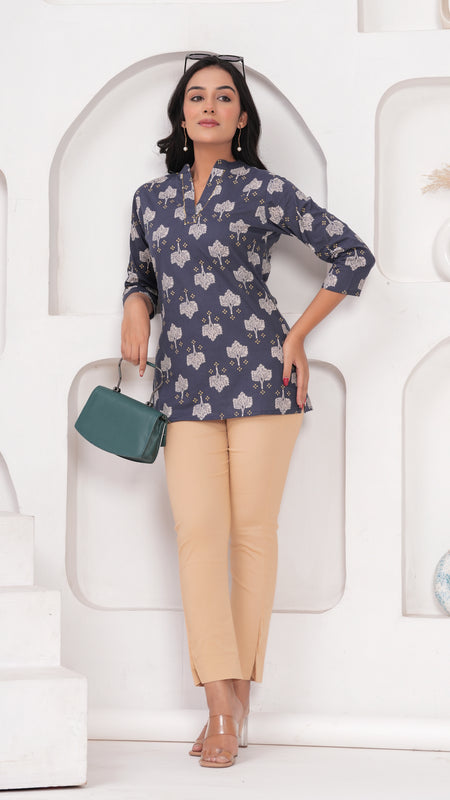 Grey Pure Cotton Casual Straight Fit 3/4Th Sleeves Top For Women