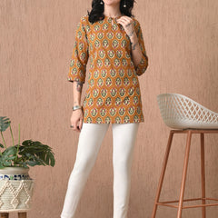 Mustard Block Pure Cotton Casual 3/4th Sleeves Top for women