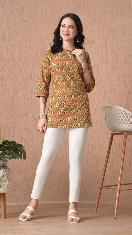 Mustard Block Pure Cotton Casual 3/4th Sleeves Top for women