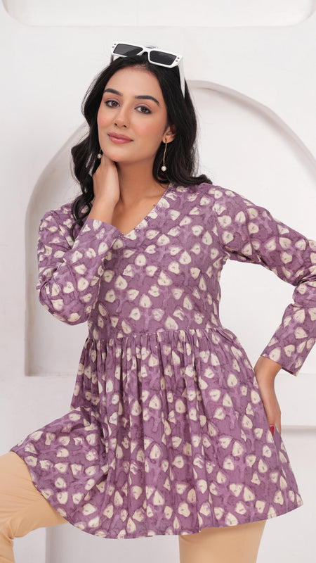 Lavender Pure Cotton Casual Peplum Full Sleeves Top For Women
