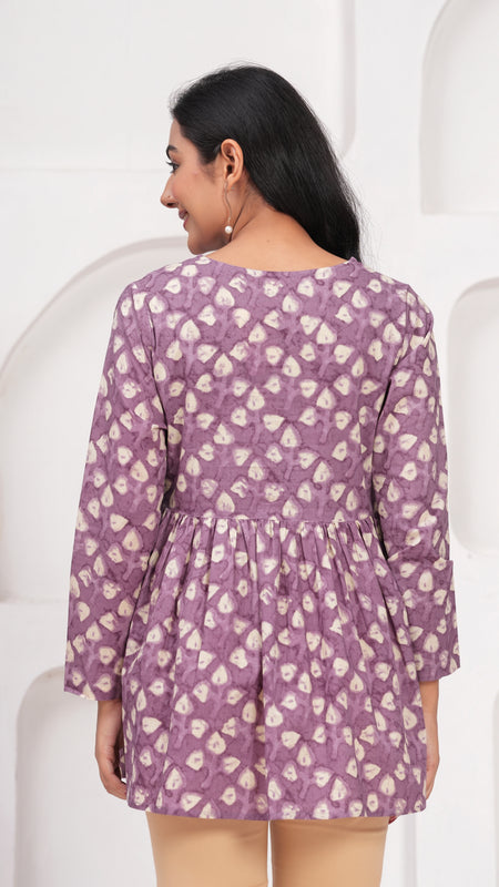 Lavender Pure Cotton Casual Peplum Full Sleeves Top For Women