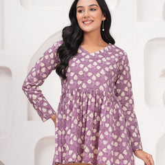 Lavender Pure Cotton Casual Peplum Full Sleeves Top For Women