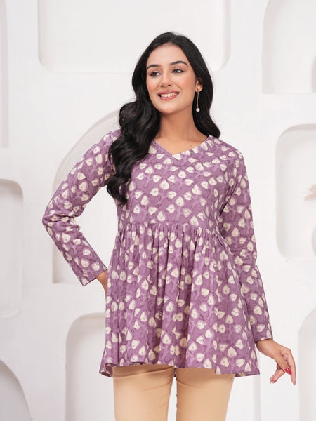 Lavender Pure Cotton Casual Peplum Full Sleeves Top For Women