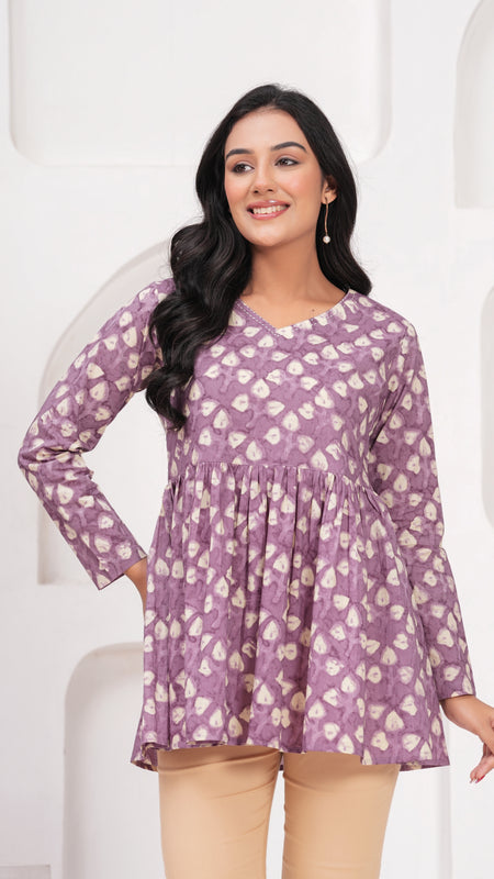 Lavender Pure Cotton Casual Peplum Full Sleeves Top For Women