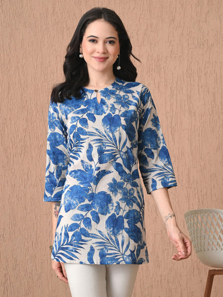 Nature Blue Pure Cotton Casual 3/4th Sleeves Top for women