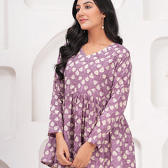 Lavender Pure Cotton Casual Peplum Full Sleeves Top For Women