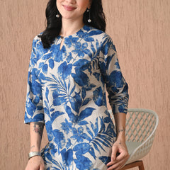 Nature Blue Pure Cotton Casual 3/4th Sleeves Top for women