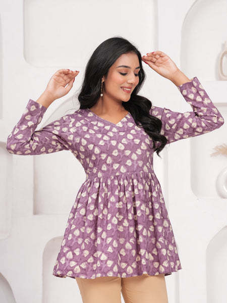 Lavender Pure Cotton Casual Peplum Full Sleeves Top For Women