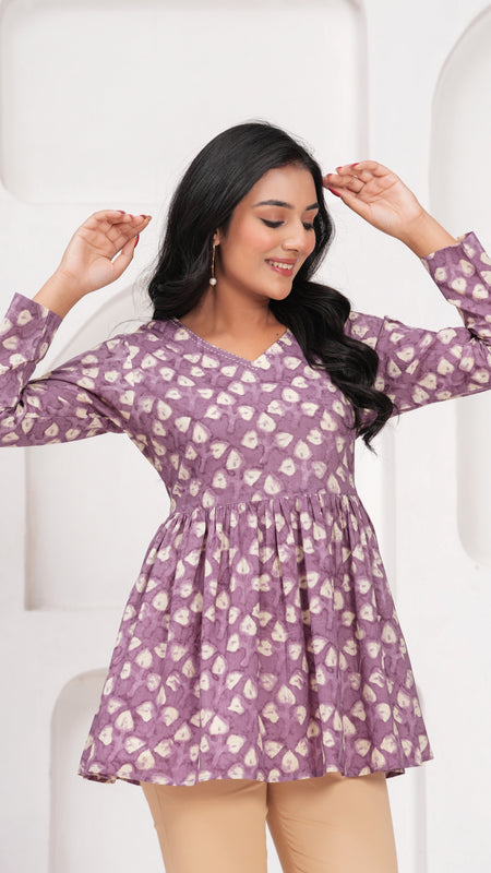 Lavender Pure Cotton Casual Peplum Full Sleeves Top For Women