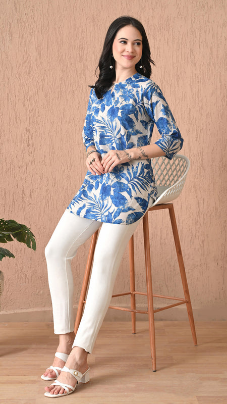 Nature Blue Pure Cotton Casual 3/4th Sleeves Top for women