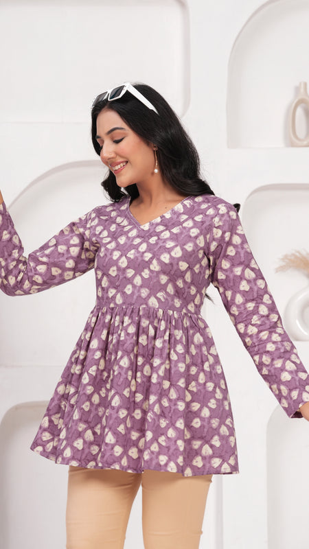Lavender Pure Cotton Casual Peplum Full Sleeves Top For Women